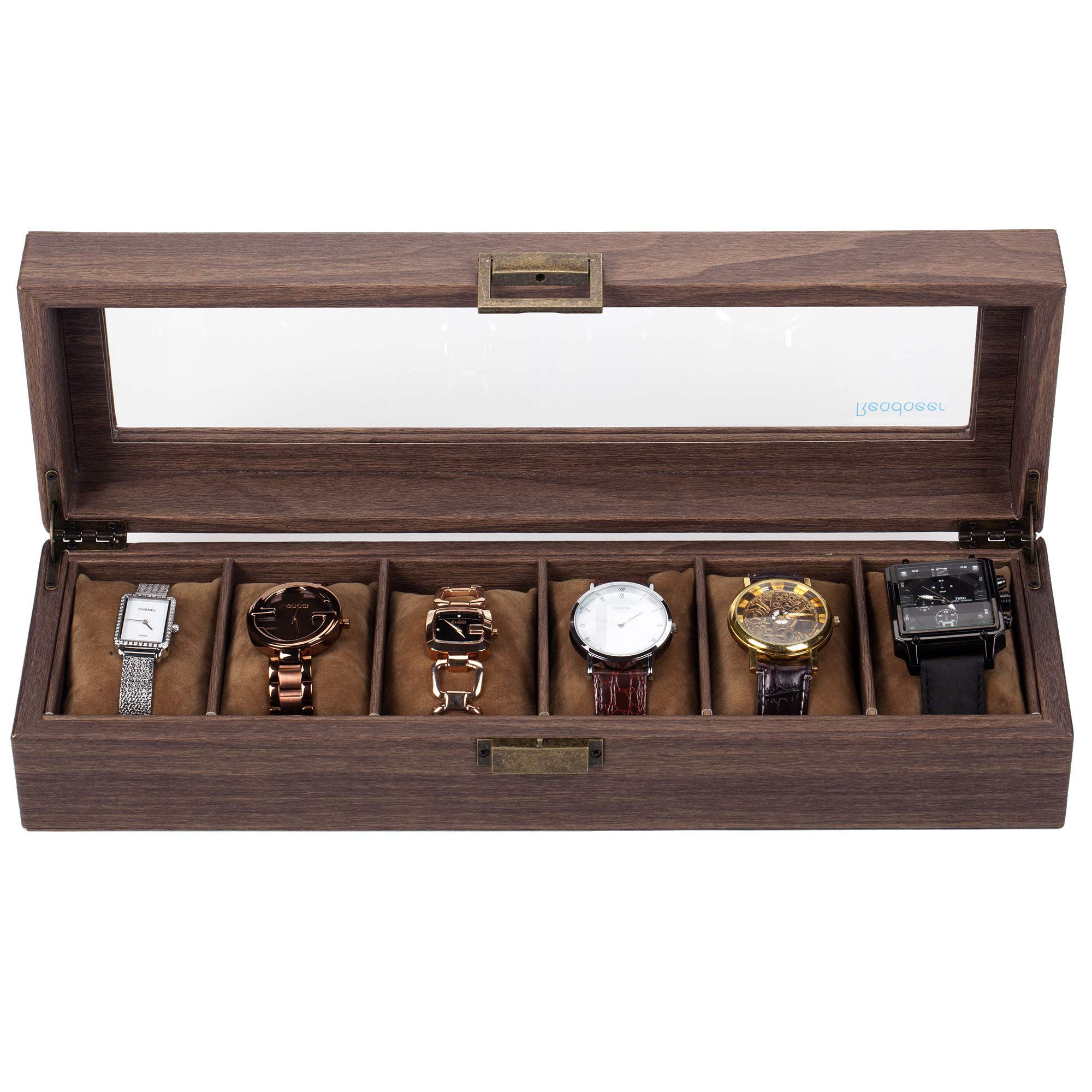 READAEER 6 Slot PU Leather Watch Box Organizer Watch Case with Glass Top