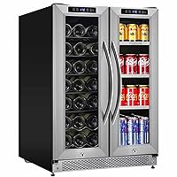 24 Inch Beverage and Wine Cooler Dual Zone, 2-IN-1 Wine Beverage Center and Independent Temperature Control, LED Light, Quiet Operation, Energy Saving, Hold 21 Bottles and 62 Cans