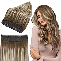 Fshine Invisible Wire Hair Extensions Real Human Hair Brown Ombre #6/60/6 Fishing Wire Hair Extensions 20inch Chestnut Brown to Platinum Blonde Hair Extensions Secret Extensions Full Head 125g