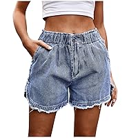 Women Ruffle Frayed Trim High Waist Stretch Jean Shorts Summer Trendy Casual Loose Elastic Button Waist Denim Shorts