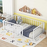 Bellemave Twin Floor Bed for Kids Montessori Bed, Floor Bed with Door,Floor Bed for Girls, Boys, Metal Floor Bed(White).