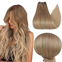 Full Shine Weft Hair Extensions Human Hair for Women 105G 20 Inch Sew in Hair Extensions Real Human Hair Golden Brown Fading to Medium Blonde human Hair Extensions Invisible Weave Weft Hair Extensions