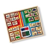 Melissa & Doug Deluxe Wooden Stamp and Coloring Set – Vehicles (30 Stamps, 6 Markers, 2 Durable 2-Color Stamp Pads), 14.5 x 12.25 x 1.5