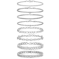 Tornito 8Pcs Chain Bracelet Stainless Steel Curb Width Rope Figaro Cuban Link Paperclip Twist Chain Bracelets Set for Men Women 7.5/8.3/9.0 Inches