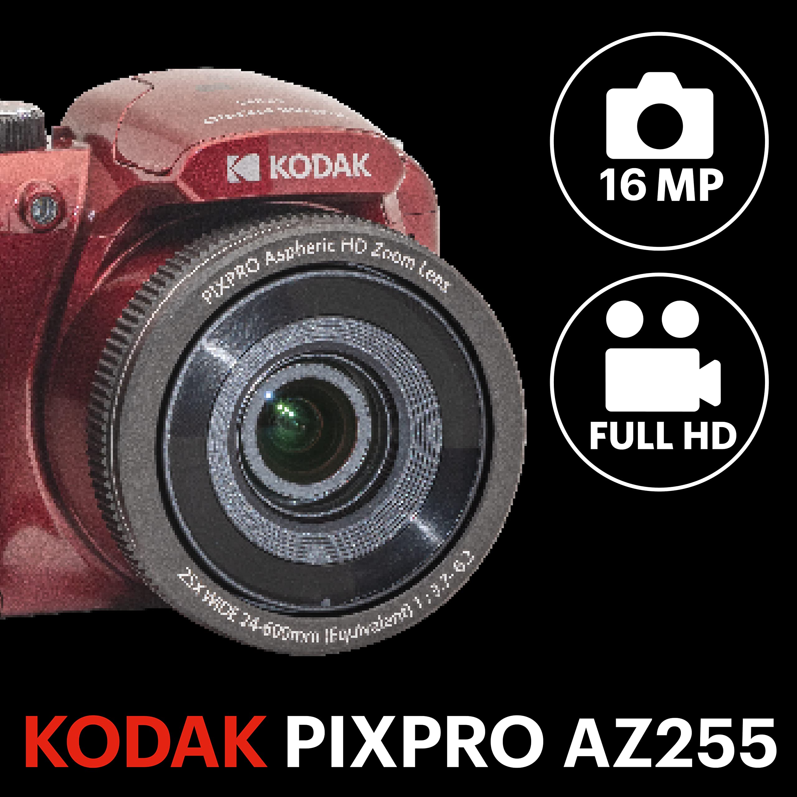 KODAK PIXPRO AZ255-RD 16MP Digital Camera 25X Optical Zoom 24mm Wide Angle Lens Optical Image Stabilization 1080P Full HD Video 3