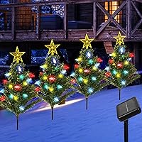 Solar Christmas Tree Pathway Lights, 4 Pack Christmas Tree with Star Tree Topper, 80 LED Solar Garden Lights with Strawberry String Lights, 8 Modes, Pathway Stake Lights for Christmas Decor