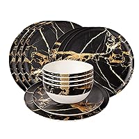GIA Everyday 12 Pieces Bamboo Melamine Dinnerware Set for 4 person, Black Marble Swirl