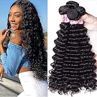 Unice Hair 3 Bundles Deep Wave Hair Bundles, Unprocessed Brazilian Virgin Human Hair Weaves Hair Extensions Natural Color Can Be Dyed and Bleached (20 22 24)