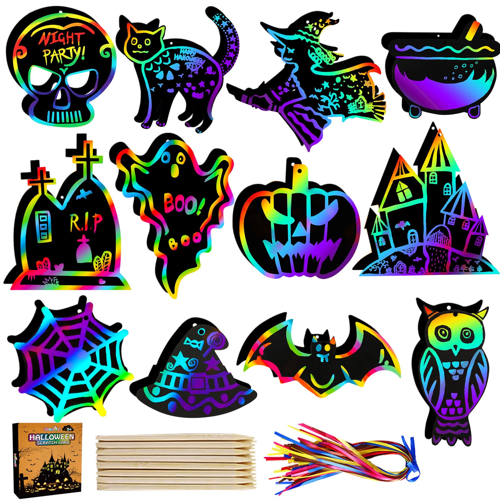Max Fun Halloween Crafts Scratch Off Art Paper Cards 48Pack, Magic Rainbow Ornaments Hanging Supplies Educational Toys Kit Halloween Party Games Favors for Kids