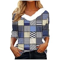 Shirts for Women Vintage Geometric Print Long Sleeve Blouse Fur V Neck Casual Tops Warm Cozy Fleece Y2k Clothes
