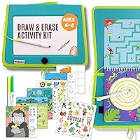 Kids Travel Educational Activity Book with Washable Markers - Car and Airplane Activities, Learning Toys for Toddlers- Search and Find, Reusable Stickers for Ages 4, 5, 6 (Jungle)