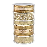 CHRISTMAS gold Set - Five Different designs, 5 x 3 m Gift Bands For Wrapping And Decorating, different Widths, Fabric Bands For Personalised Wedding And Christmas Presents, Baby Showers