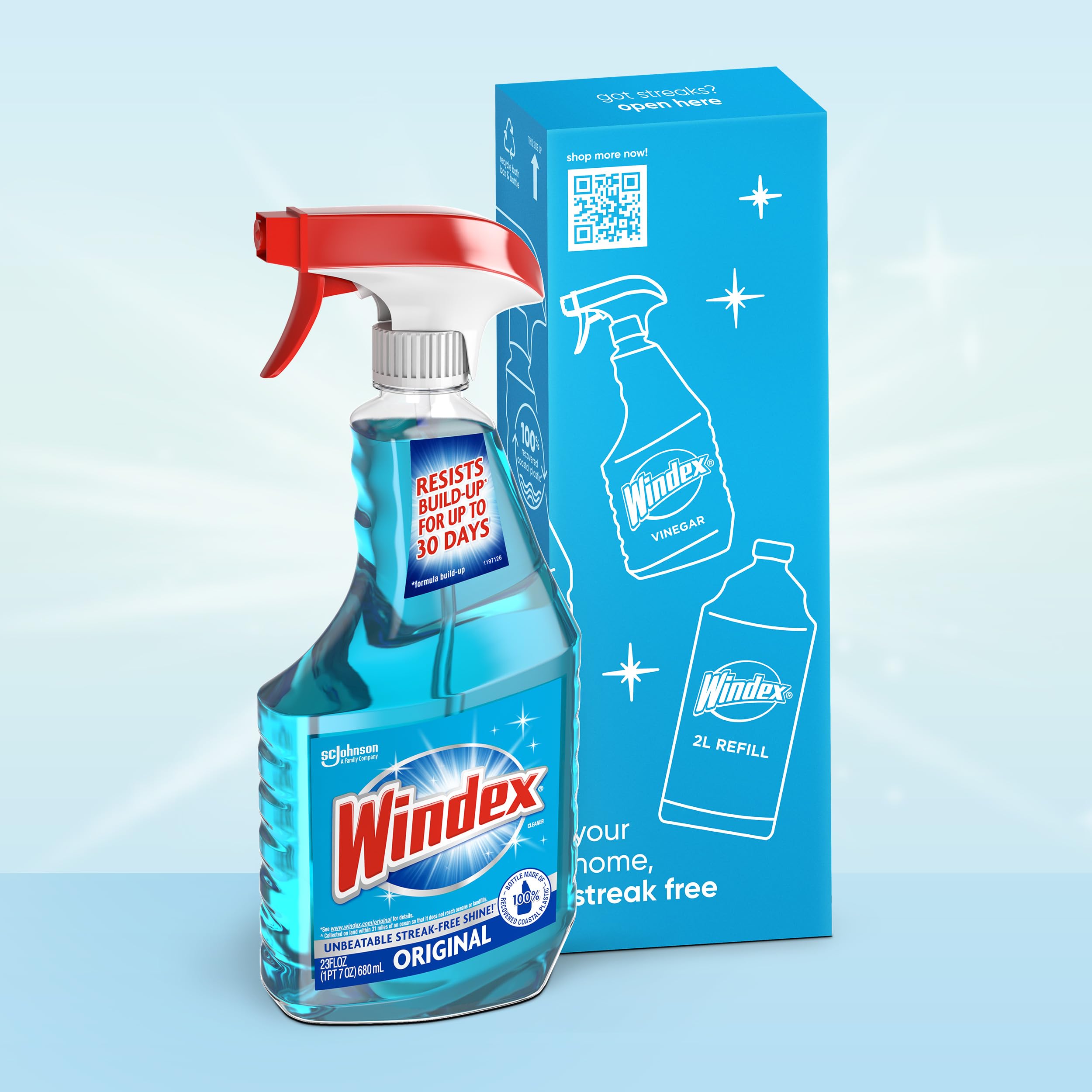 Windex Glass and Window Cleaner Spray Bottle, Bottle Made from 100% Recovered Coastal Plastic, Original Blue, 23 fl oz