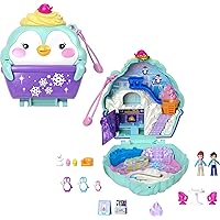 Polly Pocket Dolls and Playset, Travel Toy with Fidget Exterior, Snow Sweet Penguin Compact with 12 Accessories