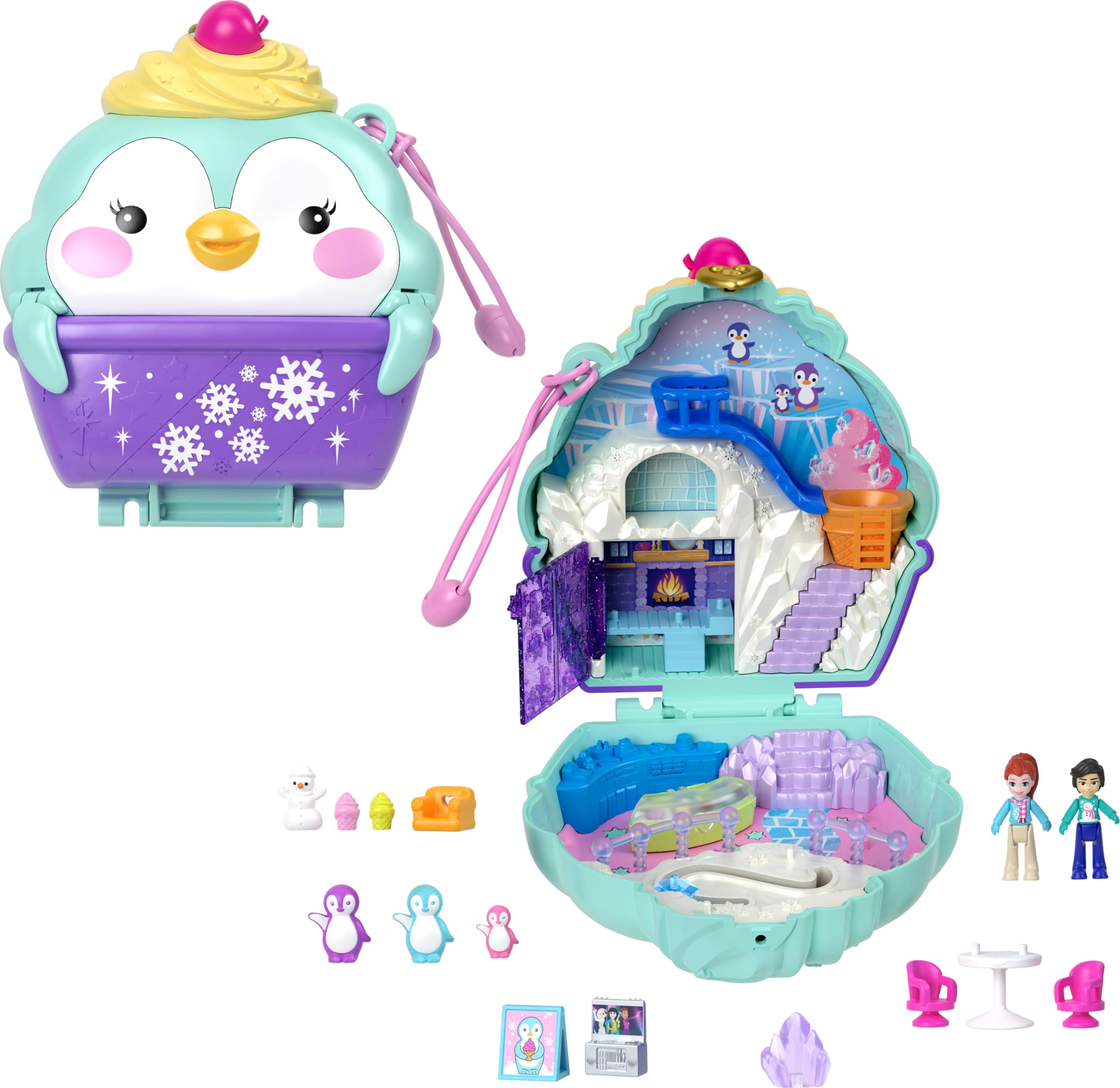 Polly Pocket Dolls and Playset, Travel Toy with Fidget Exterior, Snow Sweet Penguin Compact with 12 Accessories