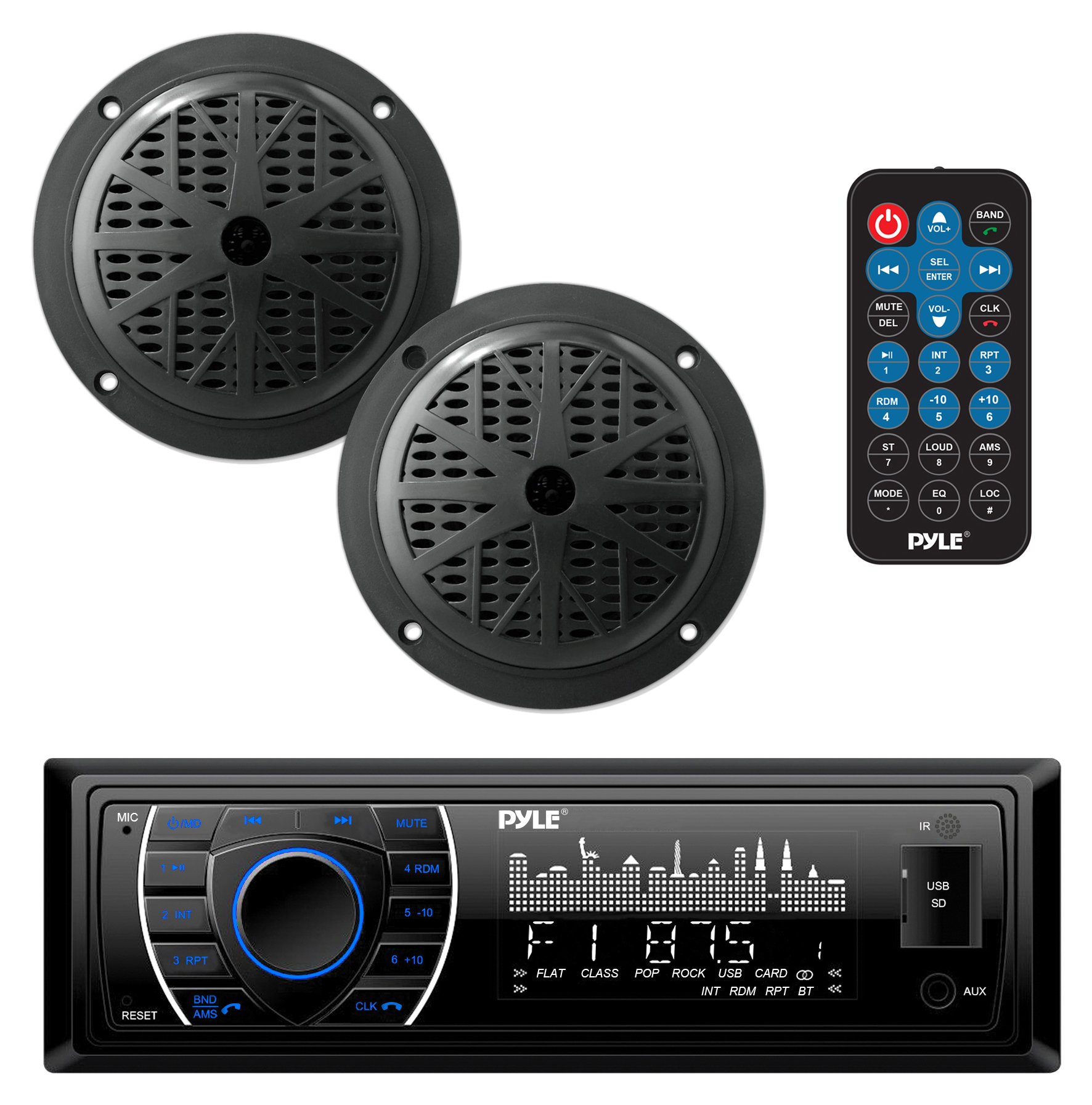 Pyle Marine Headunit Receiver Speaker Kit - In-Dash LCD Digital Stereo Built-in Bluetooth & Microphone w/AM FM Radio System 5.25’’ Waterproof Speakers (2) MP3/SD Readers & Remote Control - PLMRKT46BK