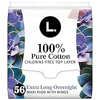 L. Pure Cotton Topsheet Pads for Women, Extra Long Overnight Pads, Maxi Pads with Wings, Unscented Menstrual Pads, 28 Count x 2 Packs (56 Count Total) (Packaging May Vary)