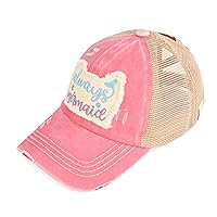 C.C Kids Criss-Cross Elastic Band Distressed Embroidered Always Be a Mermaid Patch Ponytail Baseball Cap (KIDS-BT-1019) (A Crossed Elastic Band-Always Be a Mermaid_Pink)