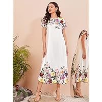 Dresses for Women - Floral Print Batwing Sleeve Curved Hem Dress (Color : White, Size : Medium)