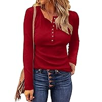 WNEEDU Women's Waffle Knit Tops Casual Long Sleeve Blouses Slim Fit Button Down V Neck Henley Shirts