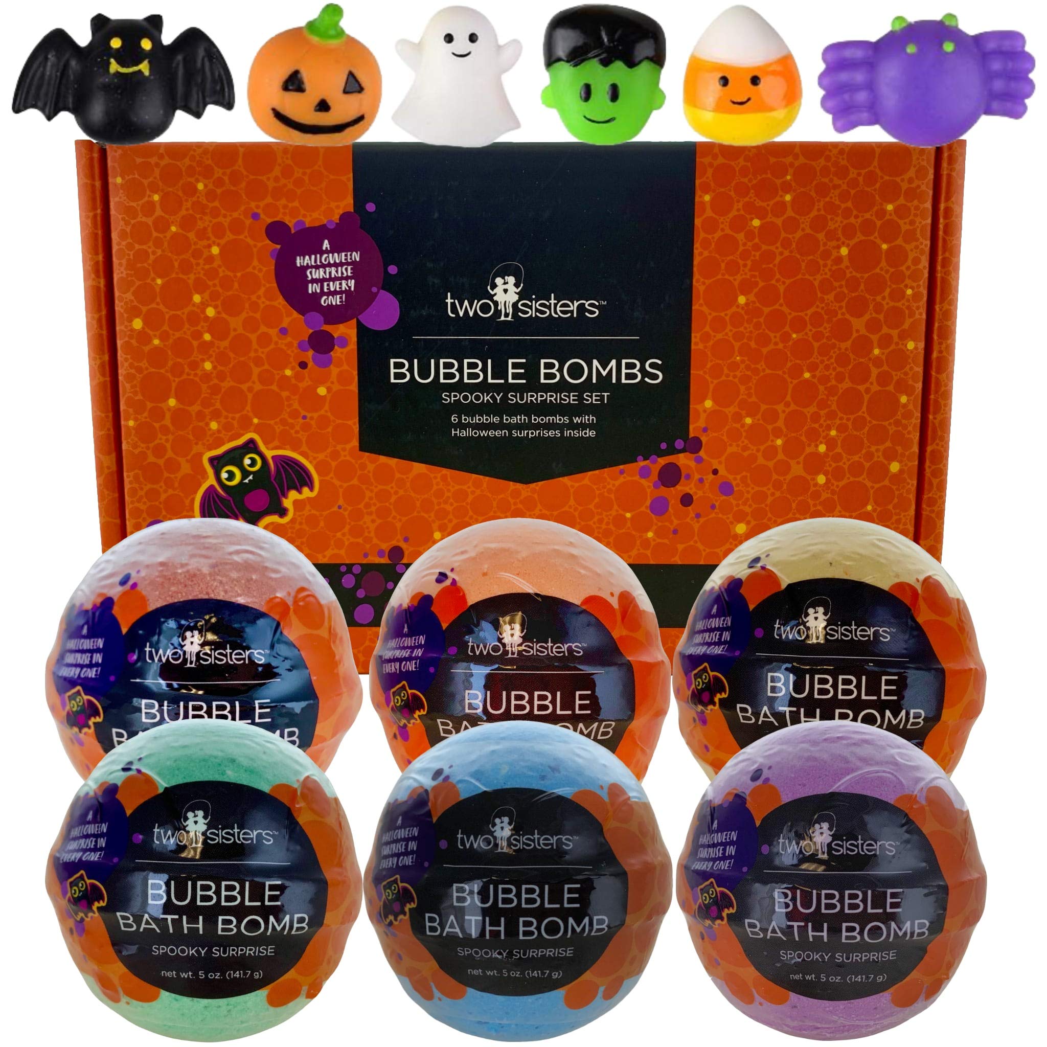 Spooky Bath Bombs for Kids with Surprise Inside, Bubble Bath Bomb with Halloween Toys, Fruity Scents, Relaxing Aromas, USA Made, Ideal Birthday Gift for Girls & Boys - 6 Pack by Two Sisters