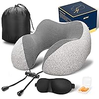Travel Pillow 100% Pure Memory Foam Neck Pillow, Comfortable & Breathable Cover - Machine Washable, Airplane Travel Kit with 3D Sleep Mask, Earplugs, and Luxury Bag, Grey