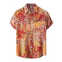 Men's Business Casual Hawaiian Vacation Beach Print Top Cotton Linen Short Sleeve Floral Shirt Shirts Short
