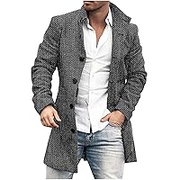 Men Woolen Coat Slim Fit Trench Coats Stylish Print Fall Winter Outerwear Mid-Length Single-breasted Wool Blend Coat
