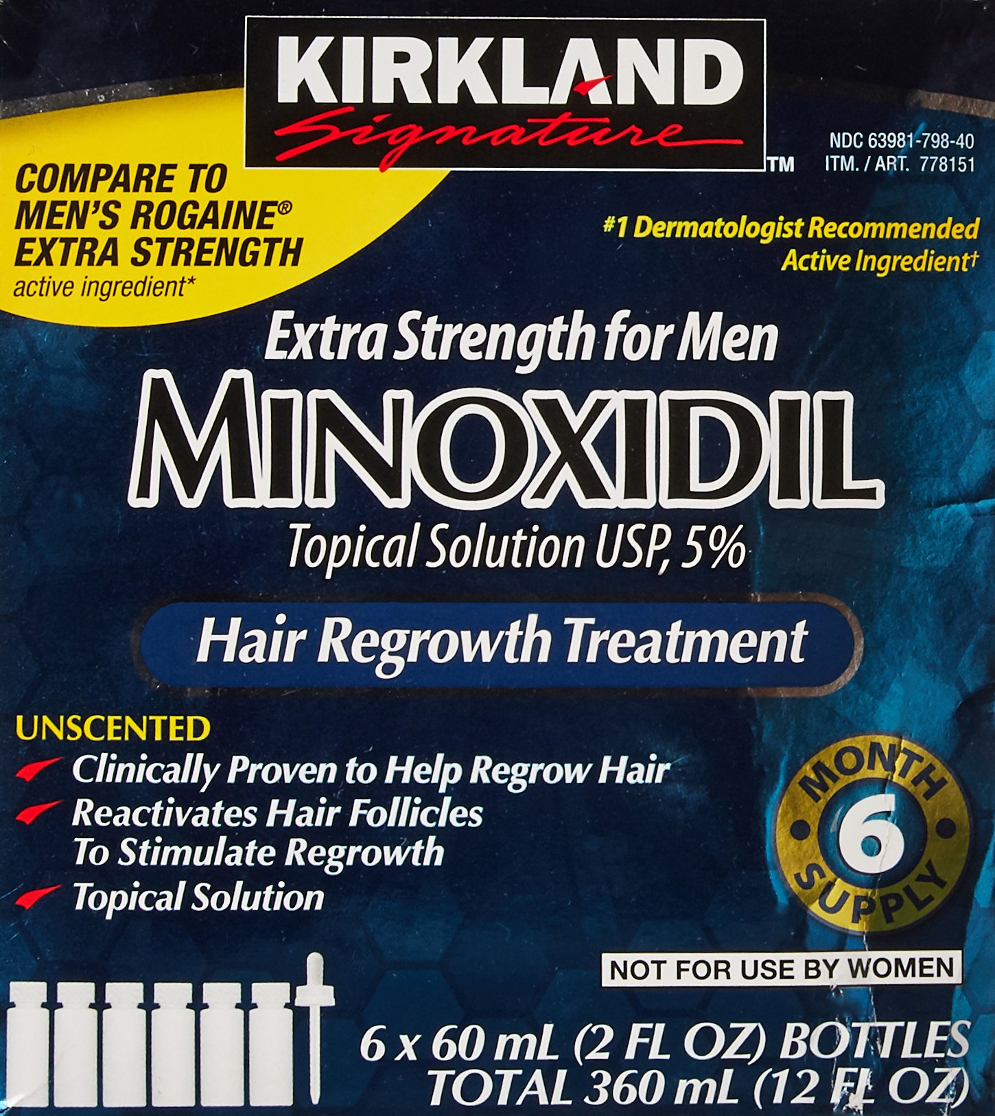 KIRKLAND Signature Minoxidil 5% Extra Strength Hair Regrowth For Men, 6 Month Supply, 2 Ounce Bottle, 6 Count