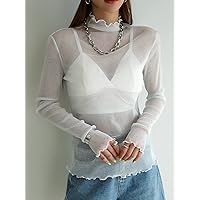 Women's Tops Women's Shirts Sexy Tops for Women Lettuce Trim Mock Neck Mesh Top Without Bra (Color : White, Size : Medium)