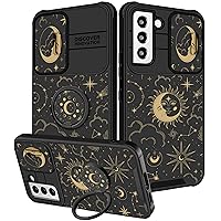 (2in1 for Samsung Galaxy S22 Case for Women Girls Cute Cover Sun Moon Girly Pretty Stars Aesthetic Black Unique Design with Camera Cover and Ring Stand Funda for Galaxy S22 Phone Cases