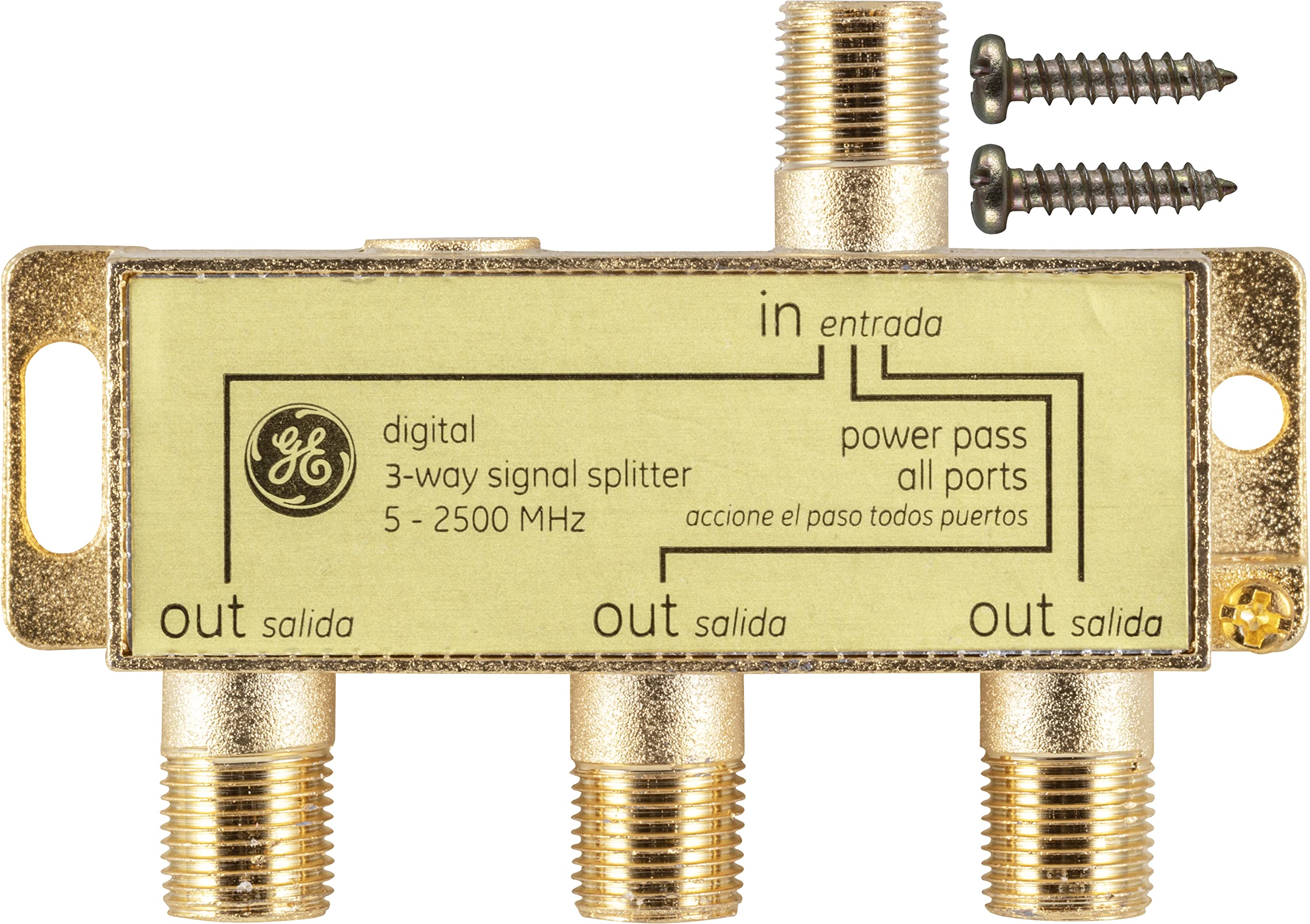 GE Digital 3-Way Coaxial Cable Splitter, 2.5 GHz 5-2500 MHz, RG6 Compatible, HD TV, Satellite, High Speed Internet, Amplifier, Antenna, Gold Plated Connectors, Corrosion Resistant, 73756