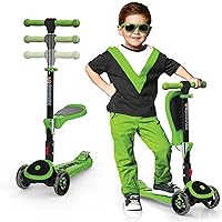 Kick Scooters for Kids Ages 3-5 (Suitable for 2-12 Year Old) Adjustable Height Foldable Scooter Removable Seat, 3 LED Light Wheels, Rear Brake, Wide Standing Board, Outdoor Activities for Boys/Girls