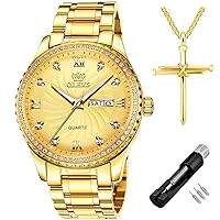 Diamond Watches for Men,Business Dress Watch Waterproof Luminous,Male Golden Big Dial Luxury Casual Quartz Analog Watches with Day Date Calendar and Stainless Steel Band