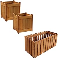 24-Inch Meranti Wood Picket Style Planter Box and Set of Two 16-Inch Square Meranti Wood Outdoor Planter Boxes with Teak Oil Finish Bundle