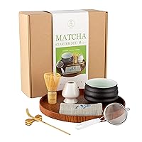 MYCHA-Complete Matcha Ceremony Gift Set -Japanese Handcrafted Matcha Tea Bowl-Bamboo Whisk-Scoop-Scoop Holder-Stainless Steel Sifter-Ceramic Whisk Holder-Tea Cloth-Tea Tray,Prep Guide (Black pottery)