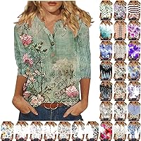 Linen Henley Shirts for Women Button Up V Neck 3/4 Sleeve Blouse Summer Floral Print Boho Tops Casual Loose Fit Tunics