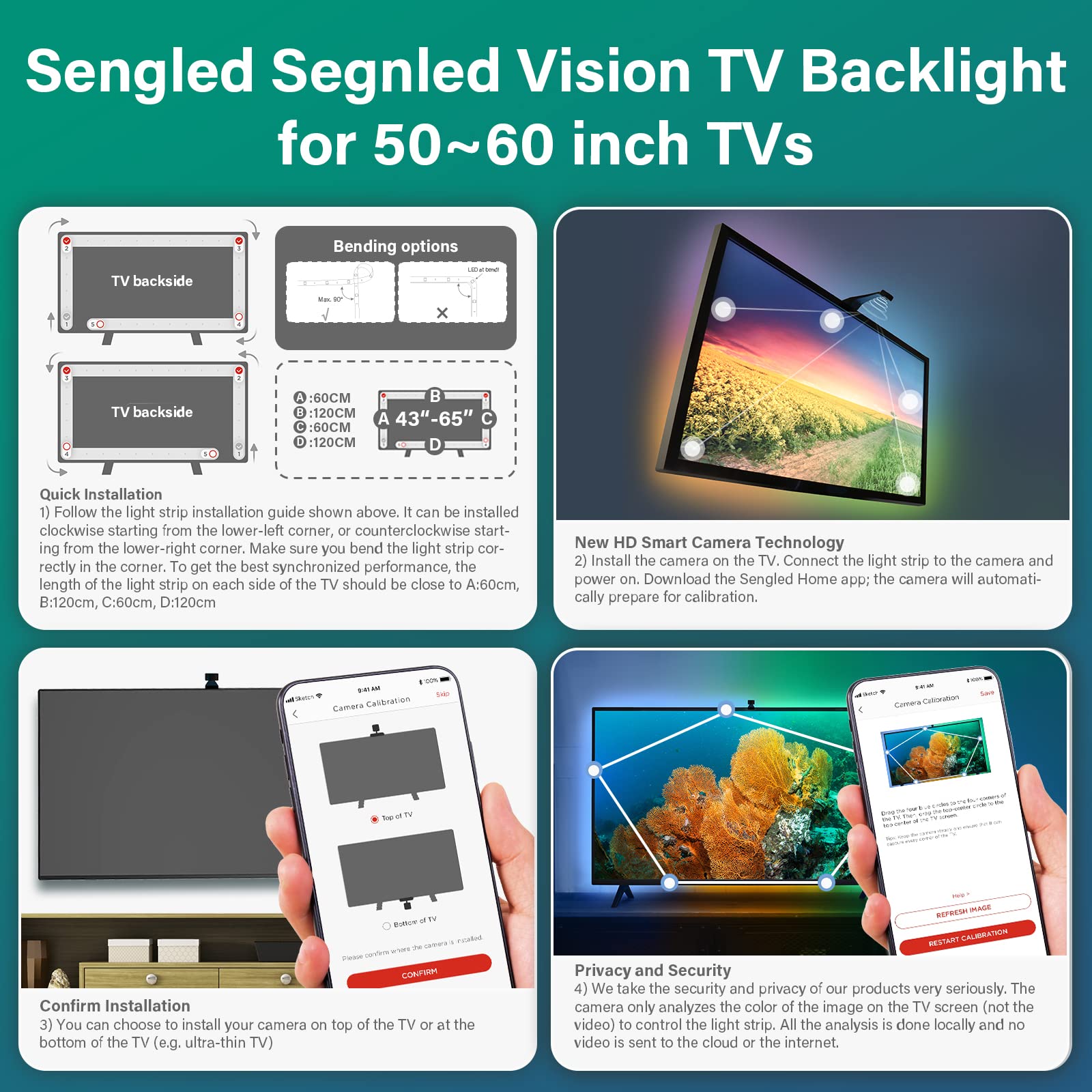 Sengled Ambient TV LED Backlights with Camera, Smart Strip Light for 50-60 inch TVs PC, (TV Sync Supports Off-line) WiFi RGB Lights, Works with Alexa & Google Assistant, App Control, Vision G2