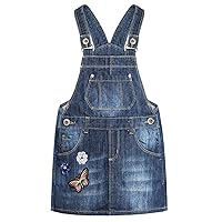 KIDSCOOL SPACE Baby Little Girls Fox Flowers Embroidered Lace Denim Overall Dress