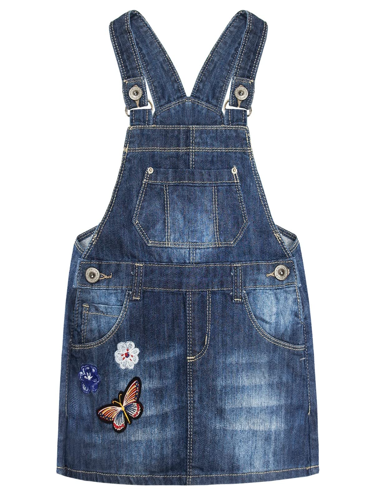 KIDSCOOL SPACE Baby Little Girls Fox Flowers Embroidered Lace Denim Overall Dress