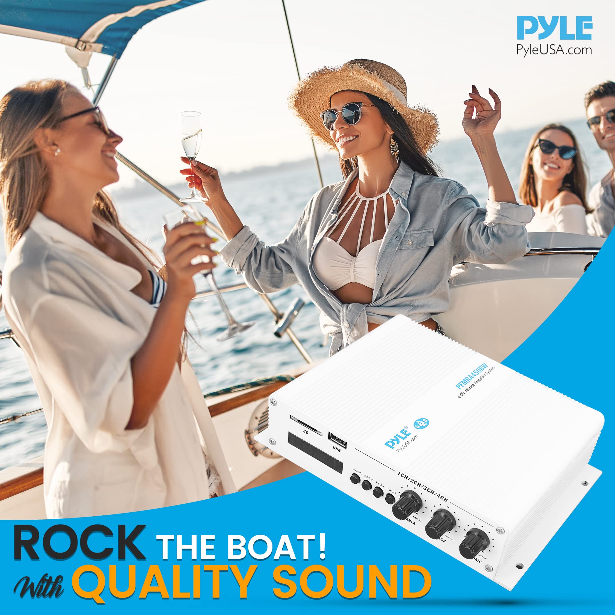 Pyle Home Marine Car Amplifier - 4-Channel Compact 400 Watt RMS 4 OHM Full Range Monoblock Stereo & Waterproof - Wireless Bluetooth Receiver Audio Speaker w/ LCD Digital Screen (PFMRA450BW)