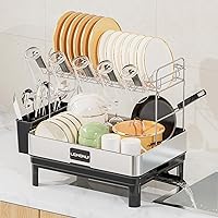 Dish Drying Rack, Thicker Premium 304 Stainless Steel 2 Tier Dish Drying Rack for Kitchen Counter, Rotatable Spout, Multifunctional Large Dish Rack with Cup Holder, Utensil Holder, Black