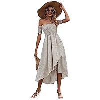 MakeMeChic Women's Boho Floral Print Off Shoulder Shirred Split Summer Long Maxi Dress