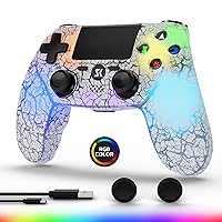 Wireless Controller for PS4, LED Backlit Controller for Sony PlayStation 4, Double Shock 6-Axis Motion Sensor, 1000mAh Battery, Built-in Speaker & 3.5mm Headphone Jack, Adjustable RGB Backlight, White