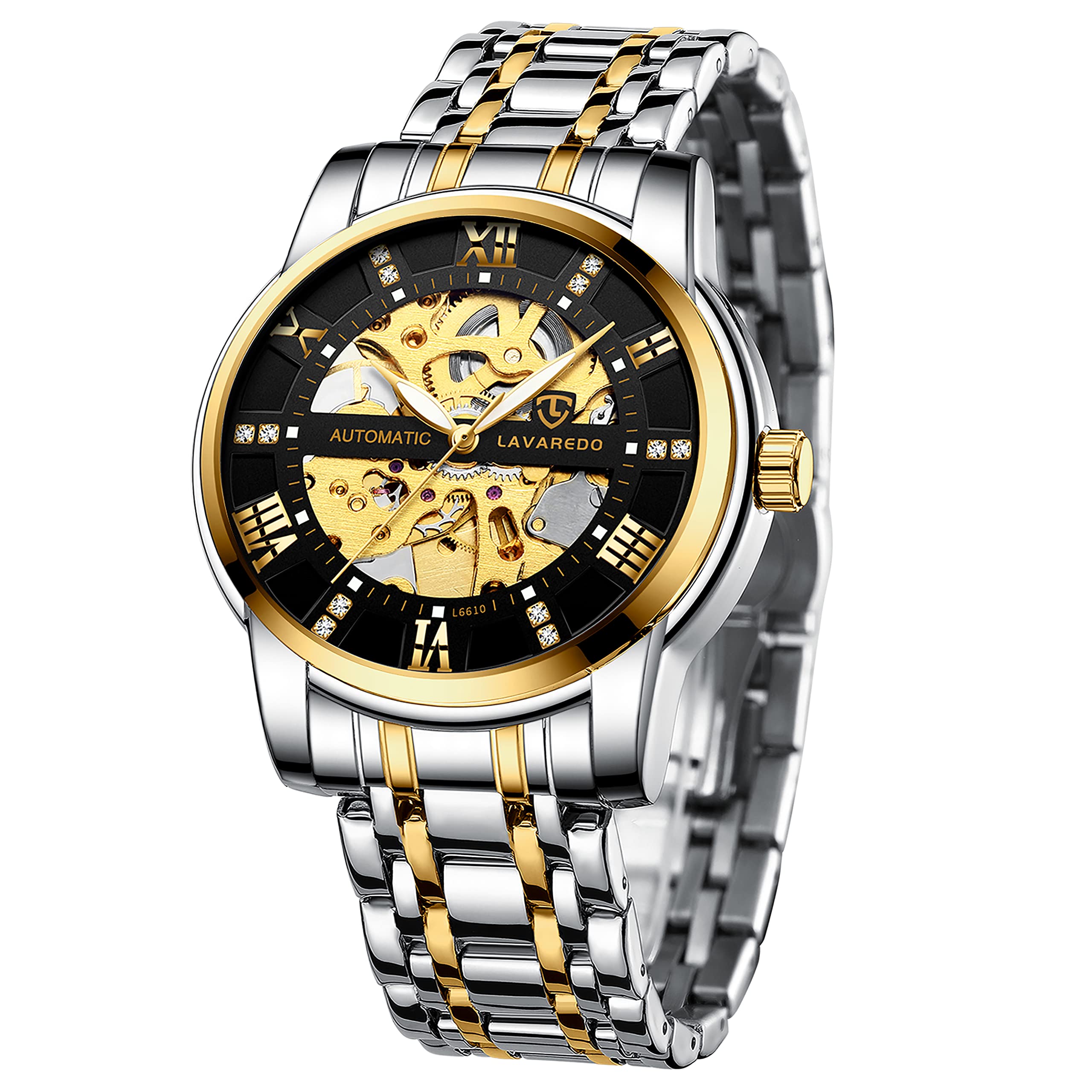 A ALPS Herren Uhren Automatikuhr Mechanische Skelett Glasboden Römische Zahlen Diamant Zifferblatt Wasserdicht Schwarz Männer Armbanduhr mit Edelstahl Armband