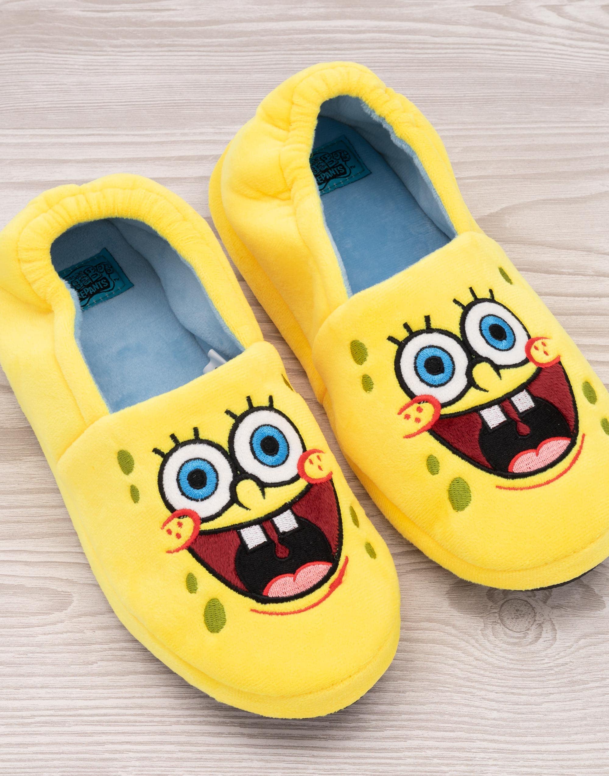 SpongeBob SquarePants Kids Slippers | Boys Girls Animated Character Yellow Blue Elasticated Heel Support House Sliders