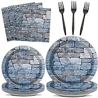 ZOIIWA 96 Pieces Medieval Castle Party Supplies for 24 Guests Medieval Castle Tableware Paper Plates Napkins for Cobblestone Party Knight Brick Stone Dessert Forks Birthday Decorations Brick Party