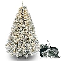 Snow Flocked Artificial Holiday Christmas Pine Tree for Home, Office, Party Decoration w/ 350 Warm White Lights, Metal Hinges & Base, 7.5 ft