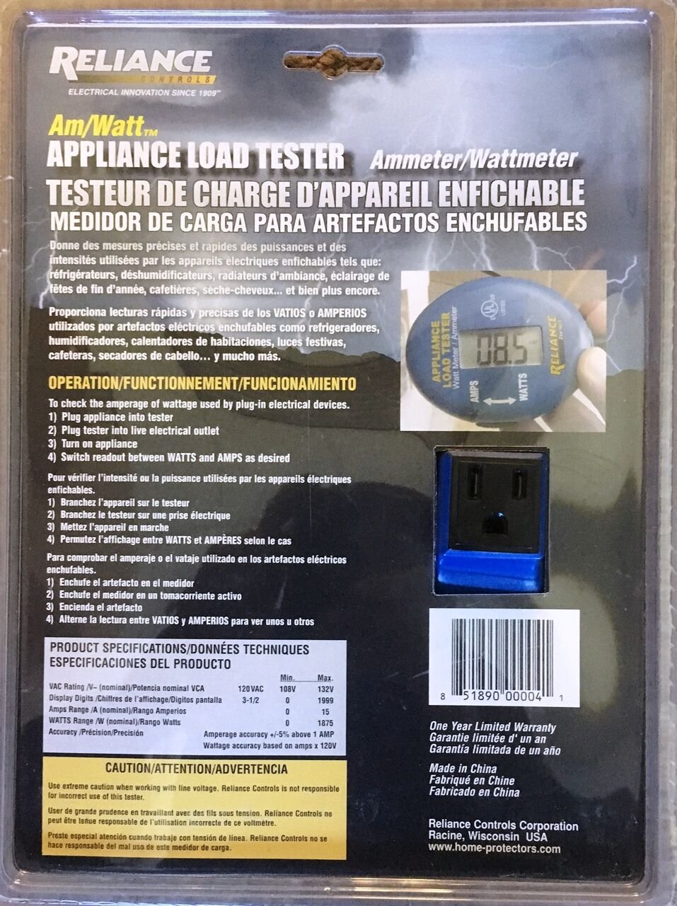 Reliance Controls Ammeter and Wattmeter THP103 AmWatt Appliance Load Tester/Plug, Blue