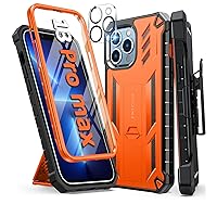 FNTCASE for iPhone 13 Pro-Max Case: Military Grade Shockproof Full Protective Rugged Cell Phone Cover with Kickstand & Belt-Clip Holster, Drop Proof Hard 13 Pro-Max Cases 5G - 6.7 Inch Orange